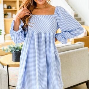Sugarbox blue gingham eiffel in love balloon sleeve dress | Size M